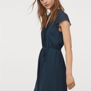 H&M Pintuck Flutter Sleeve Tie Waist Navy Chiffon Dress XXS
